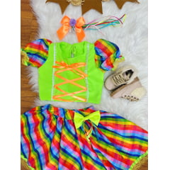 Conjunto Meninas Junino Cropped Verde C/ Mini Saia Colorida