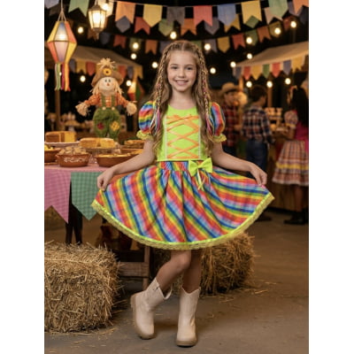 Conjunto Meninas Junino Cropped Verde C/ Mini Saia Colorida