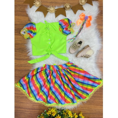 Conjunto Meninas Junino Cropped Verde C/ Mini Saia Colorida