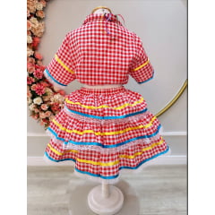 Conjunto Meninas Junino Cropped Xadrez C/ Mini Saia Vermelho