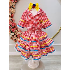 Conjunto Meninas Junino Cropped Xadrez C/ Mini Saia Vermelho