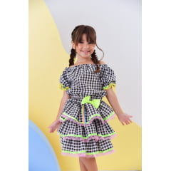 Conjunto Meninas Junino Preto Xadrez Cropped Com Saia Luxo