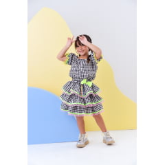 Conjunto Meninas Junino Preto Xadrez Cropped Com Saia Luxo