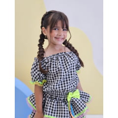 Conjunto Meninas Junino Preto Xadrez Cropped Com Saia Luxo