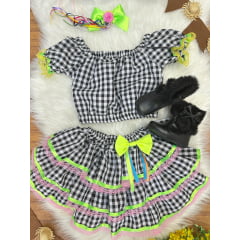 Conjunto Meninas Junino Preto Xadrez Cropped Com Saia Luxo