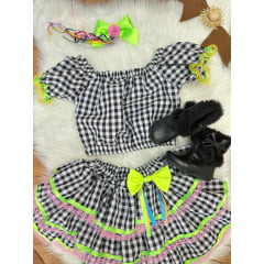 Conjunto Meninas Junino Preto Xadrez Cropped Com Saia Luxo