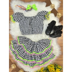 Conjunto Meninas Junino Preto Xadrez Cropped Com Saia Luxo