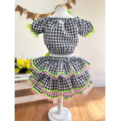 Conjunto Meninas Junino Preto Xadrez Cropped Com Saia Luxo