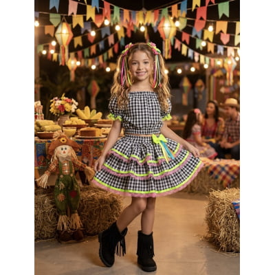 Conjunto Meninas Junino Preto Xadrez Cropped Com Saia Luxo