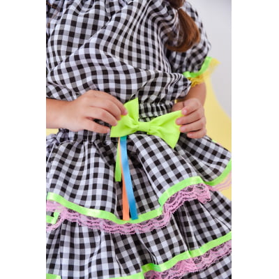 Conjunto Meninas Junino Preto Xadrez Cropped Com Saia Luxo