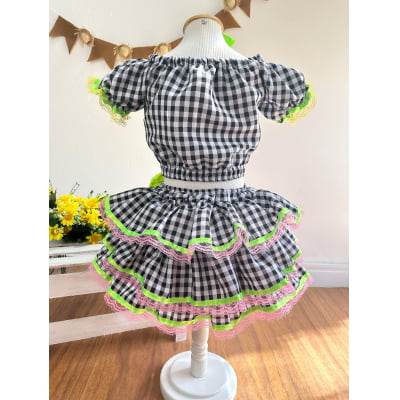 Conjunto Meninas Junino Preto Xadrez Cropped Com Saia Luxo