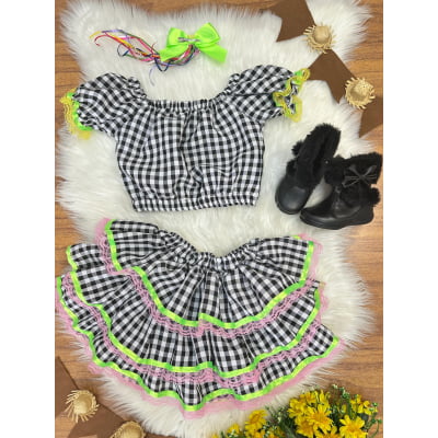 Conjunto Meninas Junino Preto Xadrez Cropped Com Saia Luxo