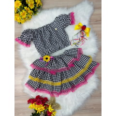 Conjunto Meninas Junino Preto Xadrez Cropped C/ Mini Saia