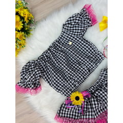 Conjunto Meninas Junino Preto Xadrez Cropped C/ Mini Saia