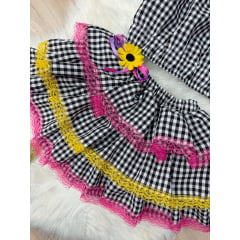Conjunto Meninas Junino Preto Xadrez Cropped C/ Mini Saia