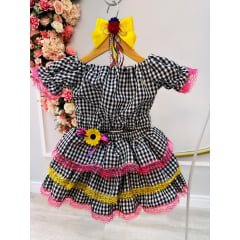 Conjunto Meninas Junino Preto Xadrez Cropped C/ Mini Saia