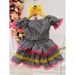 Conjunto Meninas Junino Preto Xadrez Cropped C/ Mini Saia