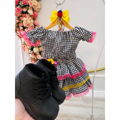Conjunto Meninas Junino Preto Xadrez Cropped C/ Mini Saia