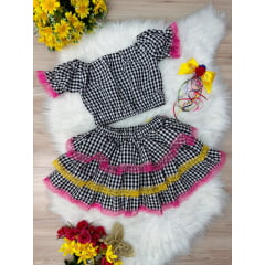Conjunto Meninas Junino Preto Xadrez Cropped C/ Mini Saia