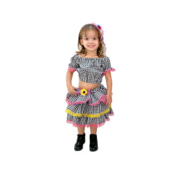 Conjunto Meninas Junino Preto Xadrez Cropped C/ Mini Saia