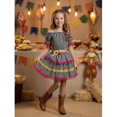 Conjunto Meninas Junino Preto Xadrez Cropped C/ Mini Saia