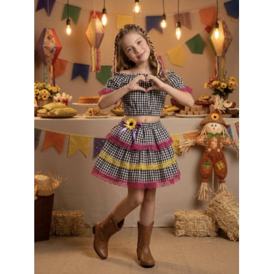 Conjunto Meninas Junino Preto Xadrez Cropped C/ Mini Saia