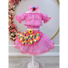 Conjunto Meninas Junino Rosa Cropped Com Saia Xadrez