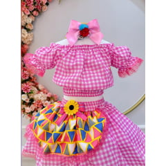 Conjunto Meninas Junino Rosa Cropped Com Saia Xadrez