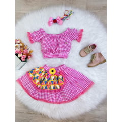 Conjunto Meninas Junino Rosa Cropped Com Saia Xadrez