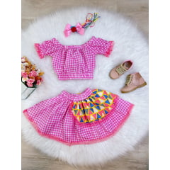 Conjunto Meninas Junino Rosa Cropped Com Saia Xadrez