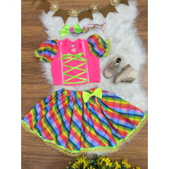 Conjunto Meninas Junino Rosa Cropped Com Saia Colorida