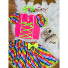 Conjunto Meninas Junino Rosa Cropped Com Saia Colorida