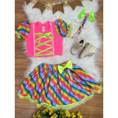 Conjunto Meninas Junino Rosa Cropped Com Saia Colorida