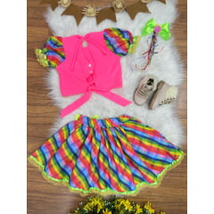 Conjunto Meninas Junino Rosa Cropped Com Saia Colorida