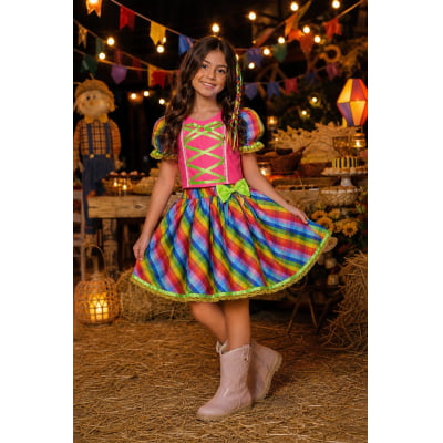 Conjunto Meninas Junino Rosa Cropped Com Saia Colorida