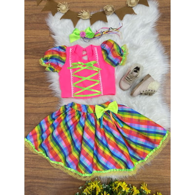 Conjunto Meninas Junino Rosa Cropped Com Saia Colorida