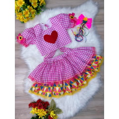 Conjunto Meninas Junino Xadrez Rosa Cropped C/ Mini Saia