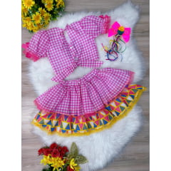 Conjunto Meninas Junino Xadrez Rosa Cropped C/ Mini Saia