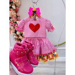 Conjunto Meninas Junino Xadrez Rosa Cropped C/ Mini Saia