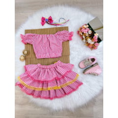 Conjunto Meninas Junino Rosa Xadrez Cropped C/ Mini Saia