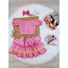 Conjunto Meninas Junino Rosa Xadrez Cropped C/ Mini Saia