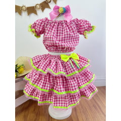 Conjunto Meninas Junino Rosa Xadrez Cropped Com Saia Luxo