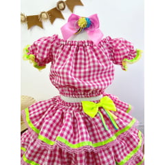 Conjunto Meninas Junino Rosa Xadrez Cropped Com Saia Luxo
