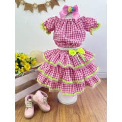 Conjunto Meninas Junino Rosa Xadrez Cropped Com Saia Luxo