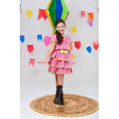 Conjunto Meninas Junino Rosa Xadrez Cropped Com Saia Luxo