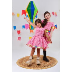 Conjunto Meninas Junino Rosa Xadrez Cropped Com Saia Luxo