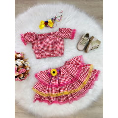 Conjunto Meninas Junino Vermelho Xadrez Cropped C/ Mini Saia