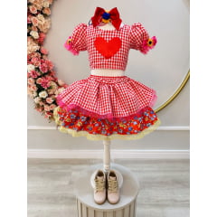 Conjunto Meninas Junino Xadrez Vermelho Cropped Com Saia