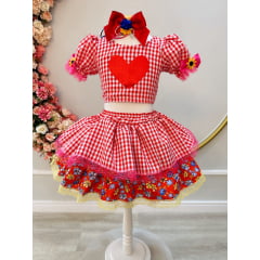 Conjunto Meninas Junino Xadrez Vermelho Cropped Com Saia