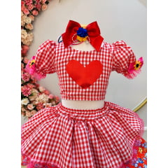 Conjunto Meninas Junino Xadrez Vermelho Cropped Com Saia